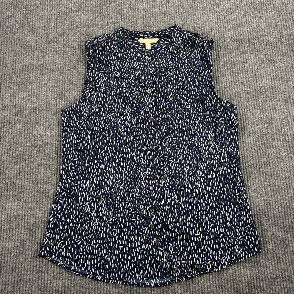 Banana Republic Sleeveless Blouse Womens Medium Navy Blue Dash Print Epaulettes - Picture 2 of 12
